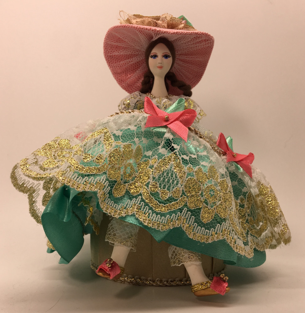 Girl in a nice Summer Hat and Dress sitting on Jewelry Box (hand-sewn Doll by Le Russe)