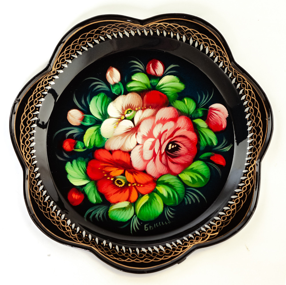 d 220 mm Zhostovo Patterns hand painted and lacquered Metal Forged Black Tray (by Lada Crafts)