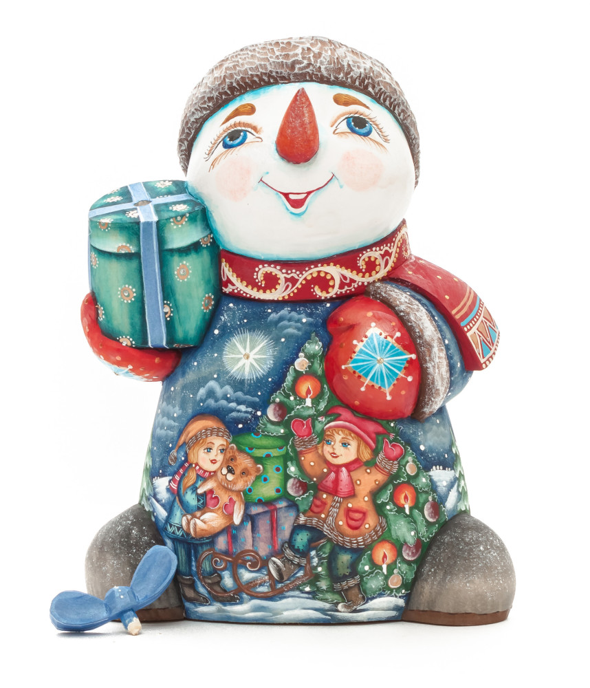 190 mm Snowman with hand painted Kids playing with a Toy Bear wooden figurine (by Sergey Christmas Workshop)