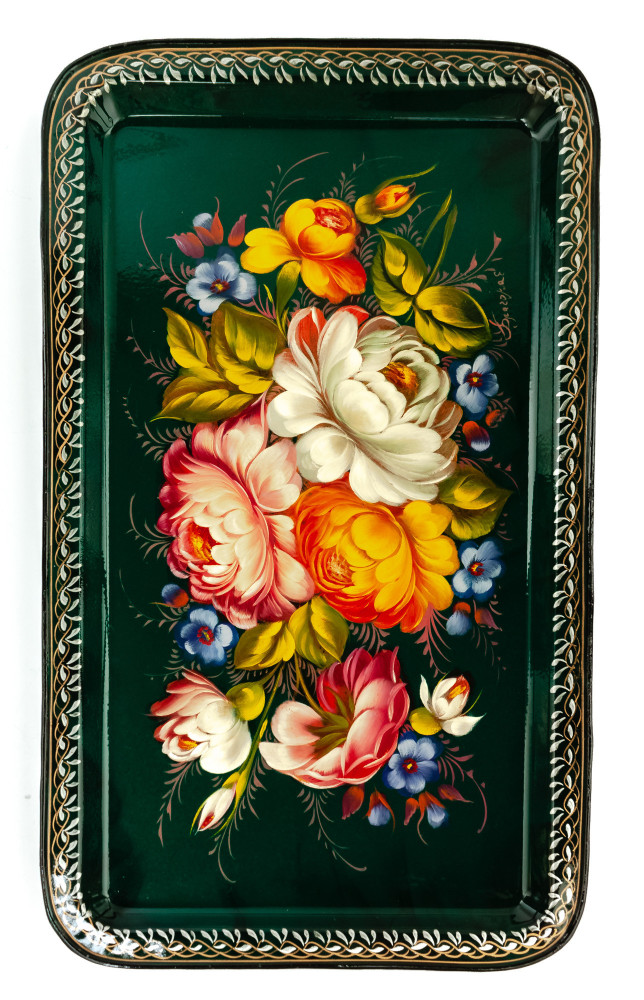 235x395 mm Zhostovo Patterns hand painted and lacquered by Blagova Metal Forged Green Tray (by Lada Crafts)