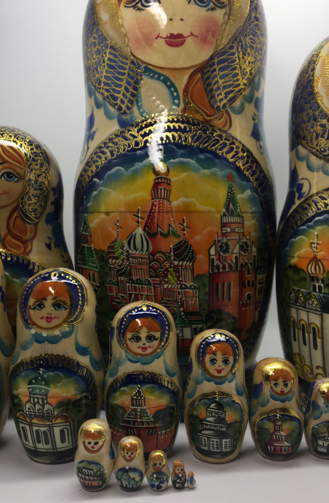 340 mm Moscow Cathedrals hand painted wooden Blue Matryoshka Doll 15 pcs (by Valery Matryoshka Studio)