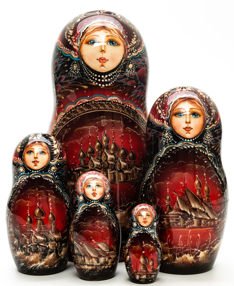 200 mm Russian Wooden Northern Churches hand painted on Matryoshka doll 5 pcs (by A Studio)
