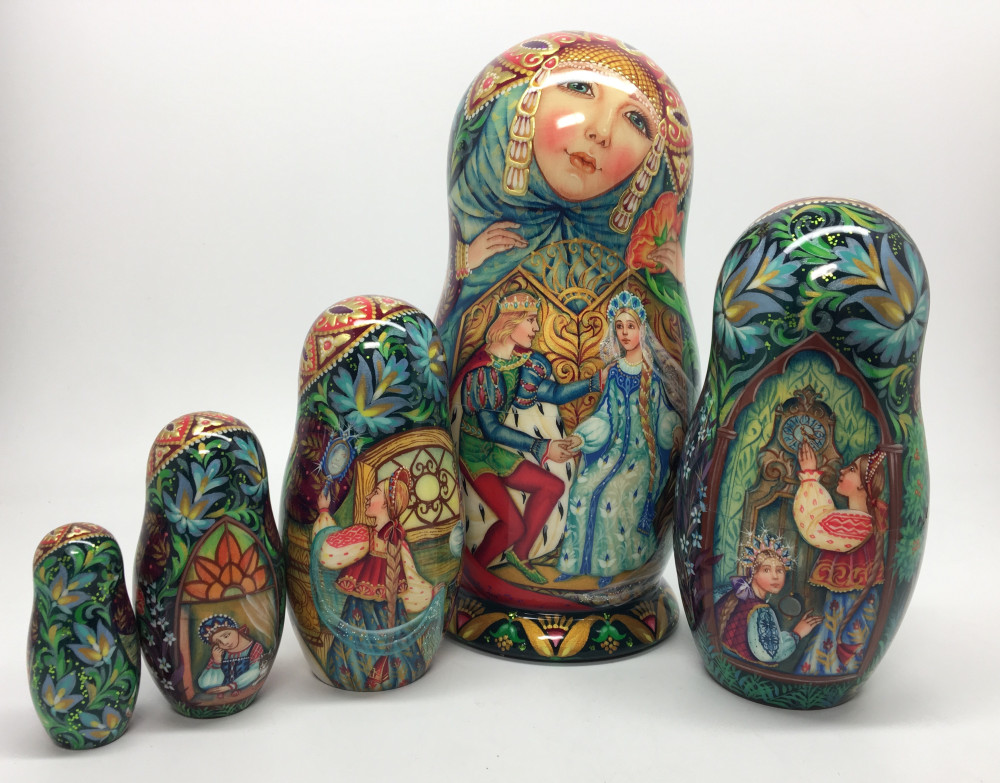 170 mm The Scarlet Flower Fairytale hand painted Russian Matryoshka Doll 5 pcs (by Olga Solovey)