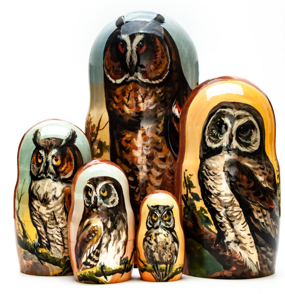 180mm Owl hand painted on wooden Matryoshka doll 5 pcs (by Alexander Famous Paintings Studio)