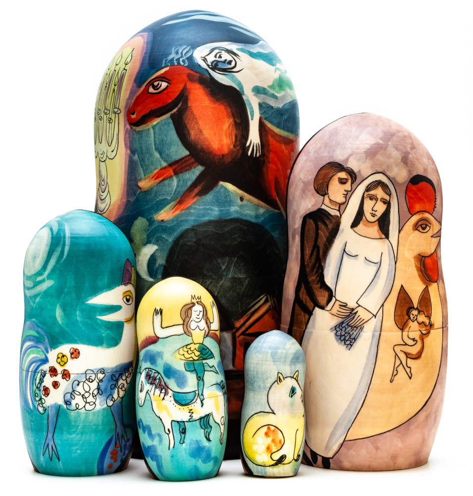 180 mm Nocturne by Chagall hand painted on wooden Matryoshka doll 5 pcs (by Alexander Famous Paintings Studio)