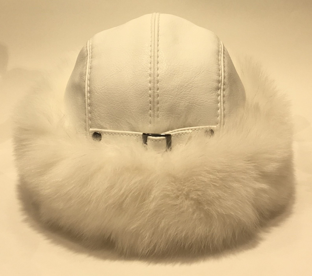 White Polar Fox Fur Round Hat with Leather Top