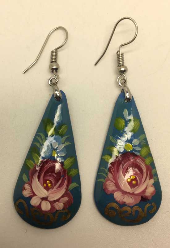 Zhostovo Blue Teardrop Shaped hand painted papier-mache Earrings (by Lada Workshop)