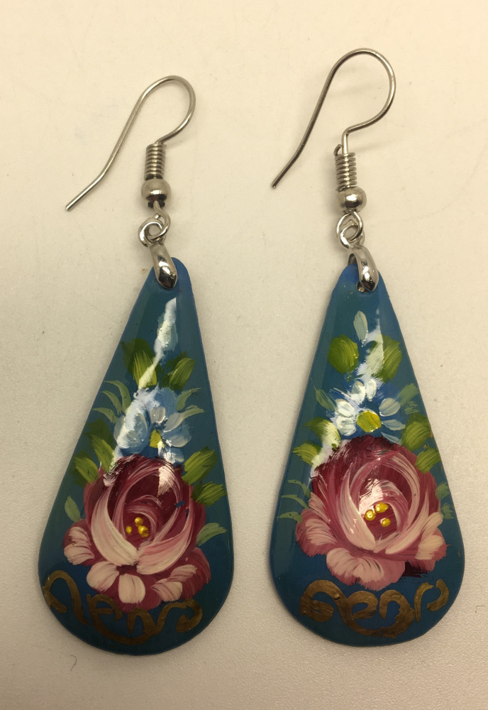 Zhostovo Blue Teardrop Shaped hand painted papier-mache Earrings (by Lada Workshop)