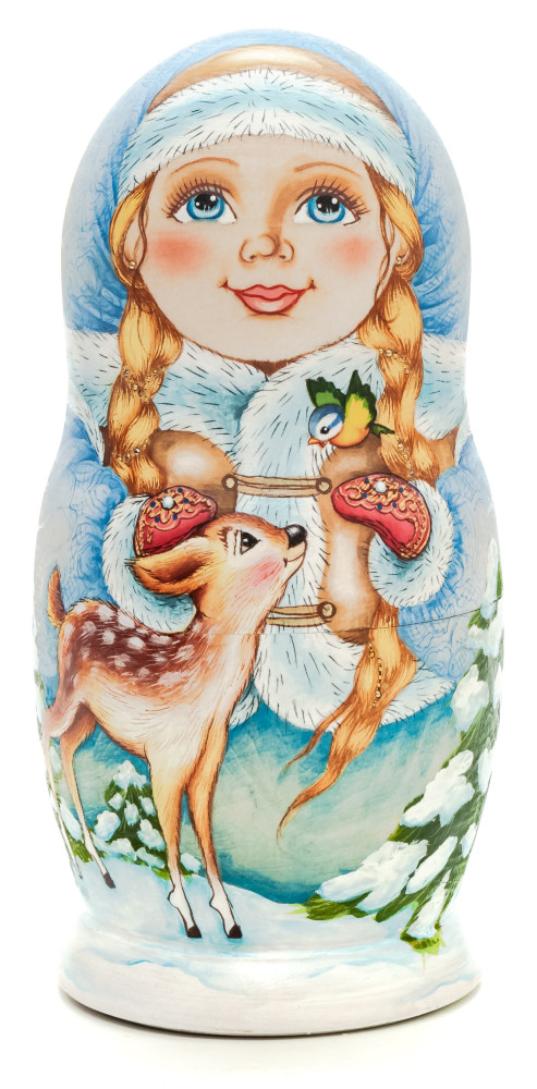 180 mm Snowmaiden plays with Animals hand painted wooden Russian Matryoshka doll 5 pcs (by Alexander Studio)