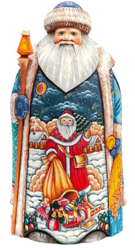 255 mm Santa Claus with hand painted Father Frost carrying Gifts Bag Wooden Carved Statue (by Sergey Christmas Workshop)