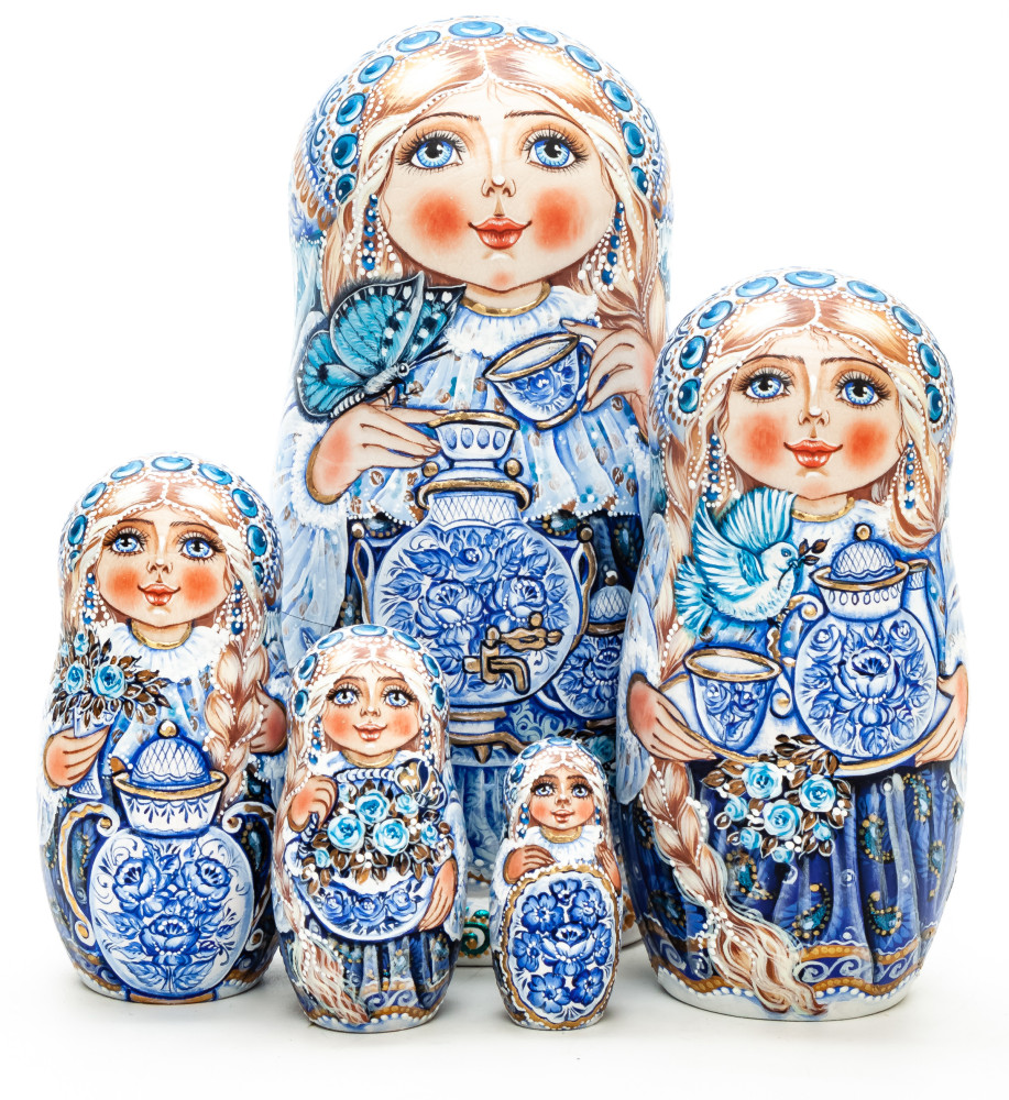 130 mm Girl with Samovar hand painted Matryoshka 5 pcs (by Galina Ulianova)