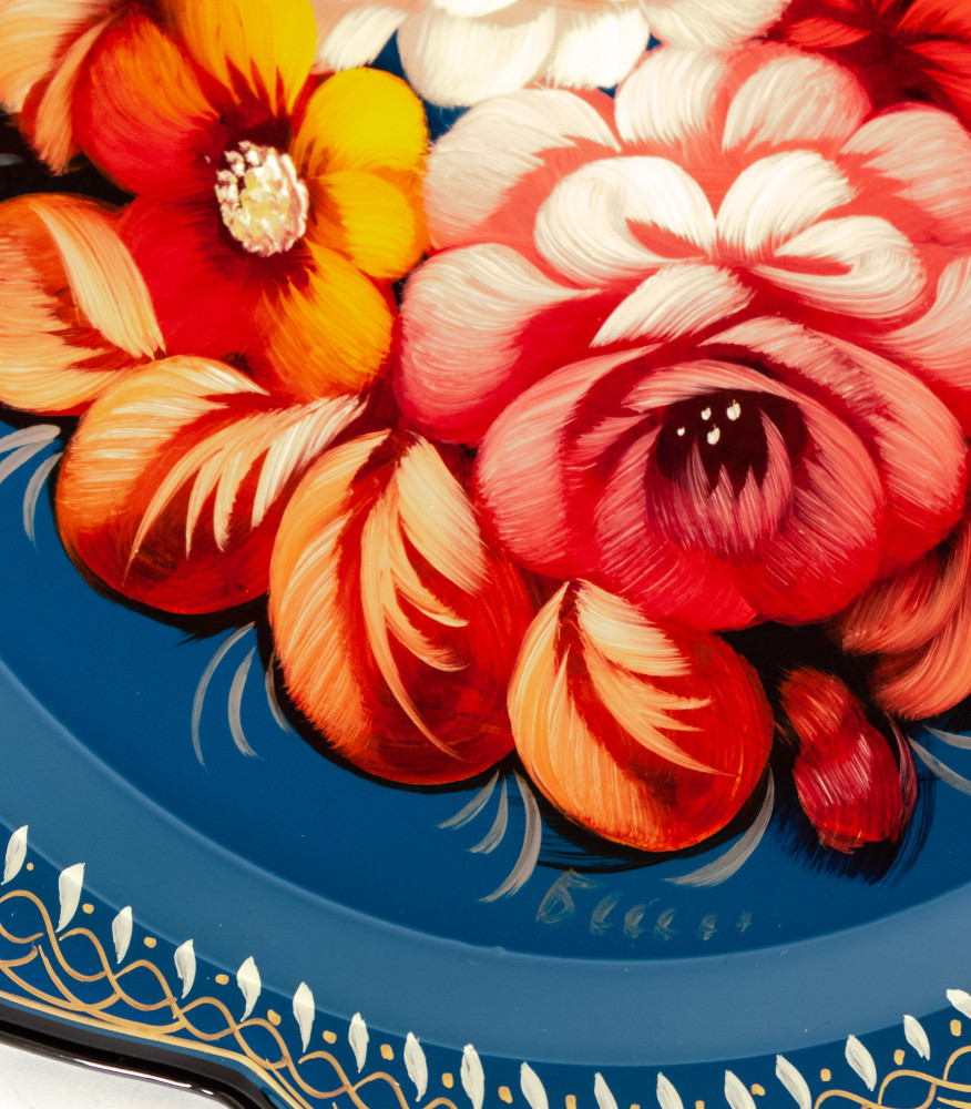 d 220 mm Zhostovo Patterns hand painted and lacquered Metal Forged Blue Tray (by Lada Crafts)