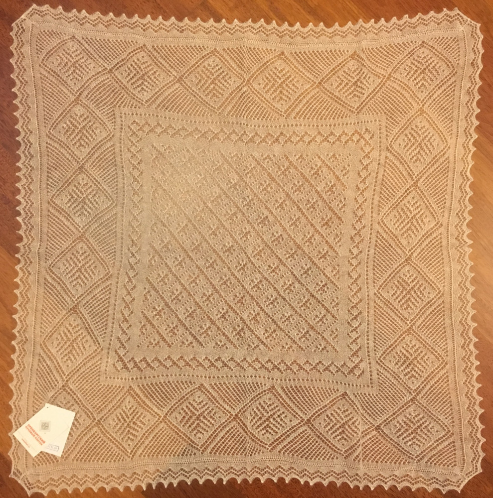 80x80 cm White Goat Down Hand Knitted Russian Orenburg Shawl (by Orenburg Factory)
