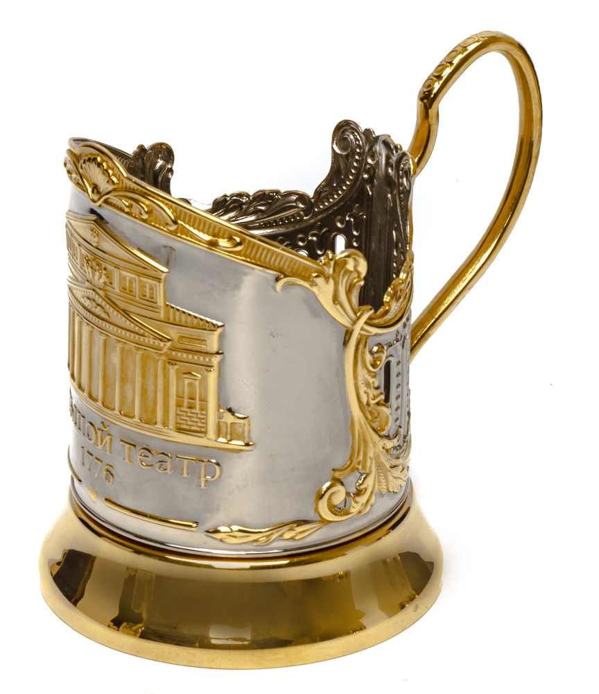 The Bolshoi Theatre Gold Plated Brass Tea Glass Holder with Crystal Glass and Gold Plated Tea Spoon (by Kolchugino)