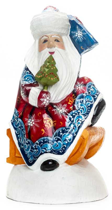 250 mm Santa with a Bag Riding the Sleighs Carved Wood Hand Painted Collectible Figurine  (by Natalia Nikitina Workshop)
