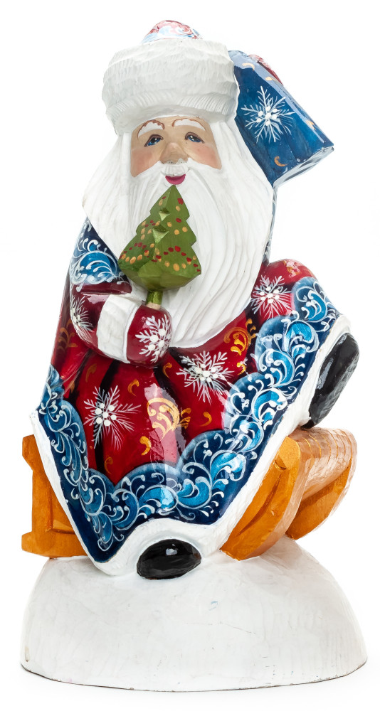 250 mm Santa with a Bag Riding the Sleighs Carved Wood Hand Painted Collectible Figurine  (by Natalia Nikitina Workshop)