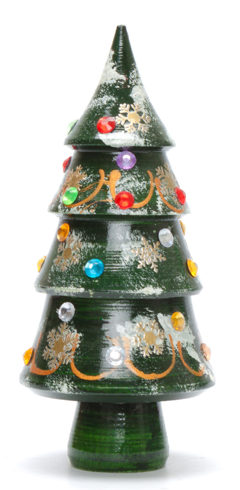 140 mm Christmas Wooden Green Tree with Hand Painted Garlands and Decorations