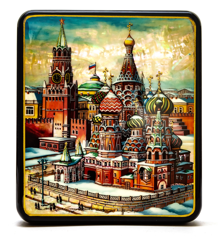 130x150mm Red  Square and Saint Basil Cathedral hand painted on pearl shell lacquered box from Fedoscino (by Tatiana Crafts)