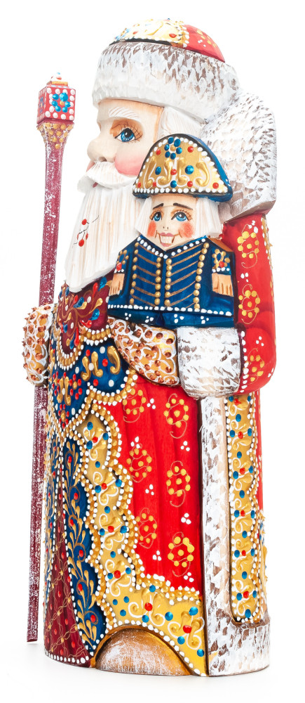 250 mm Santa with a Magic Staff and a Nutcracker Carved Wood Hand Painted Collectible Figurine  (by Natalia Nikitina Workshop)
