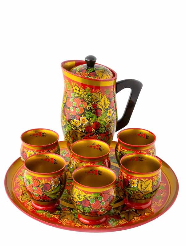 Pitcher and 6 Glasses for Kvass hand painted wooden Set (by Golden Khokhloma)