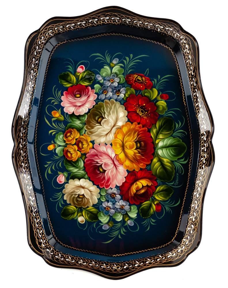 350x480 mm Zhostovo Patterns hand painted and lacquered by Gogin Metal Forged Tray (by Lada Crafts)