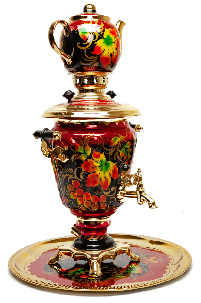 Golden Autumn Hand Painted Electric Samovar Kettle with teapot and tray