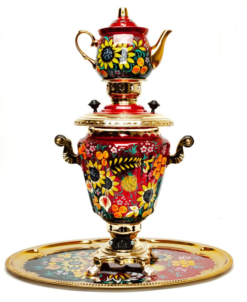 Firebird and Sunflower hand painted Electric Samovar Kettle with Teapot and Tray