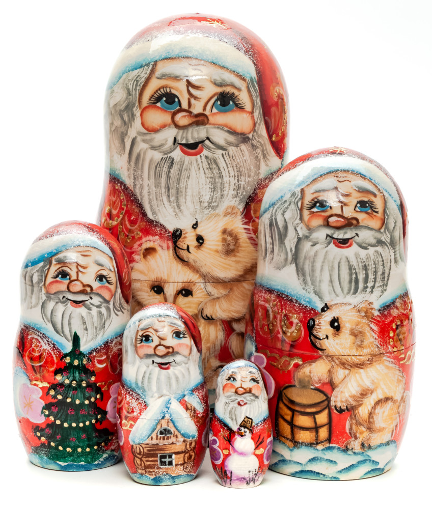 180 mm Snta Claus with Little Bears hand painted on Wooden Matryoshka doll 5 pcs (by Skazka)
