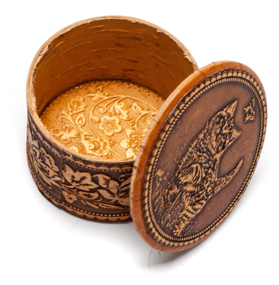 d 50 mm Cat hand made Birchbark Jewelry Box (by Maxim Birch)