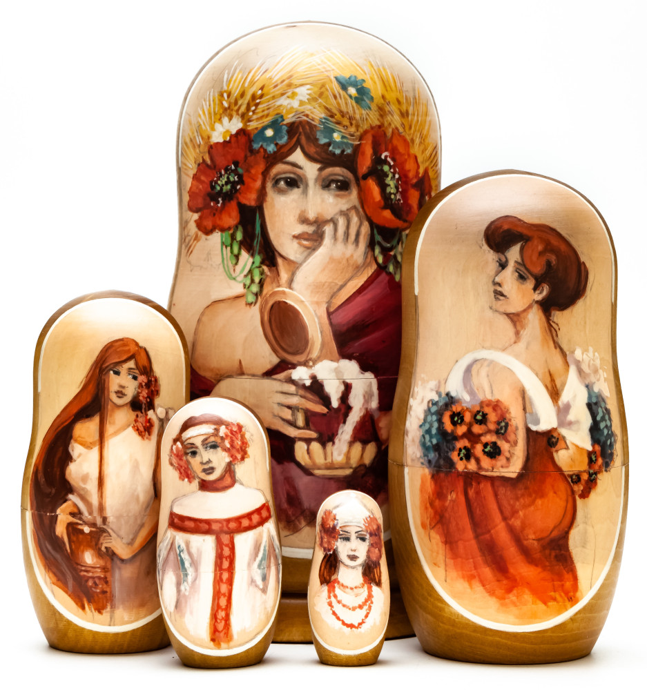 180 mm Portrait of a Lady hand painted on wooden Matryoshka doll 5 pcs (by Alexander Famous Paintings Studio)