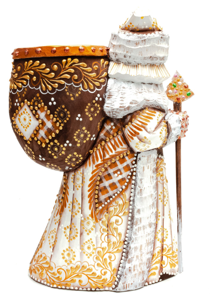 220 mm Santa with a Magic Staff and a Bag Carved Wood Hand Painted Collectible Figurine (by Natalia Nikitina Workshop)