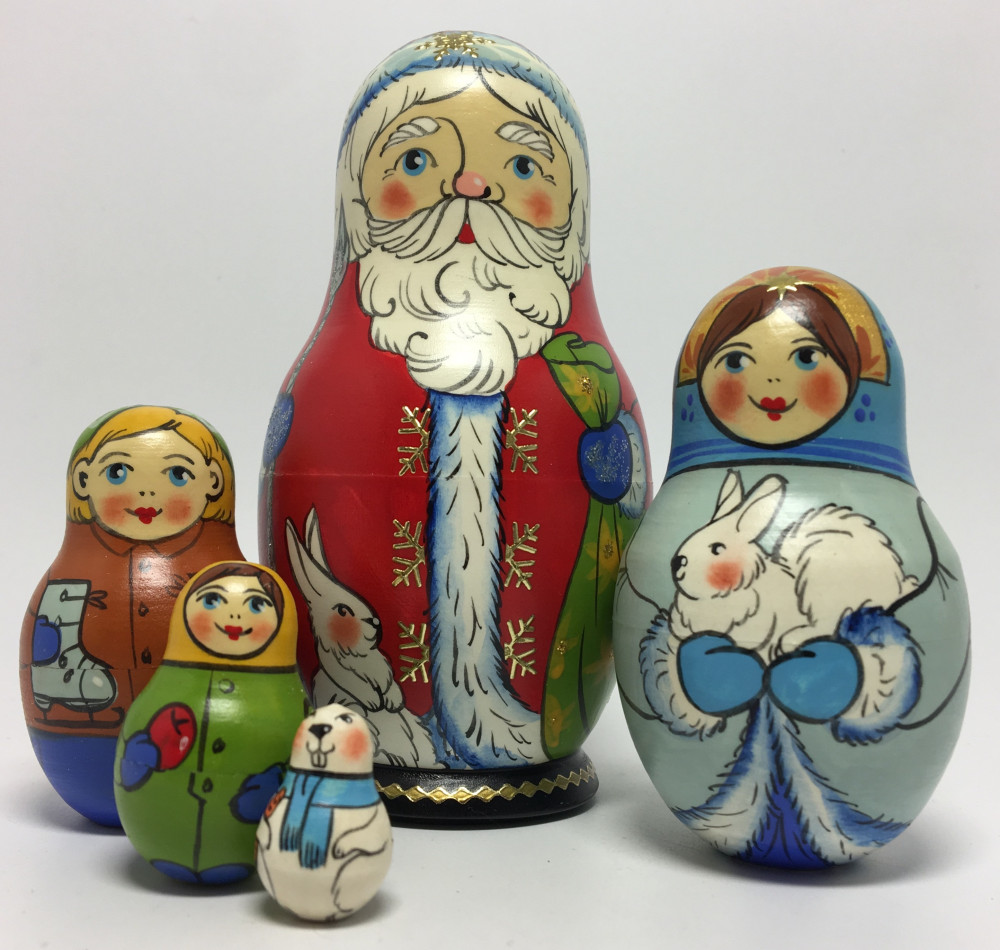 110 mm Santa Claus and Snowmaiden Princess hand painted wooden Matryoshka Doll 5 pcs (by Malutin Studio)