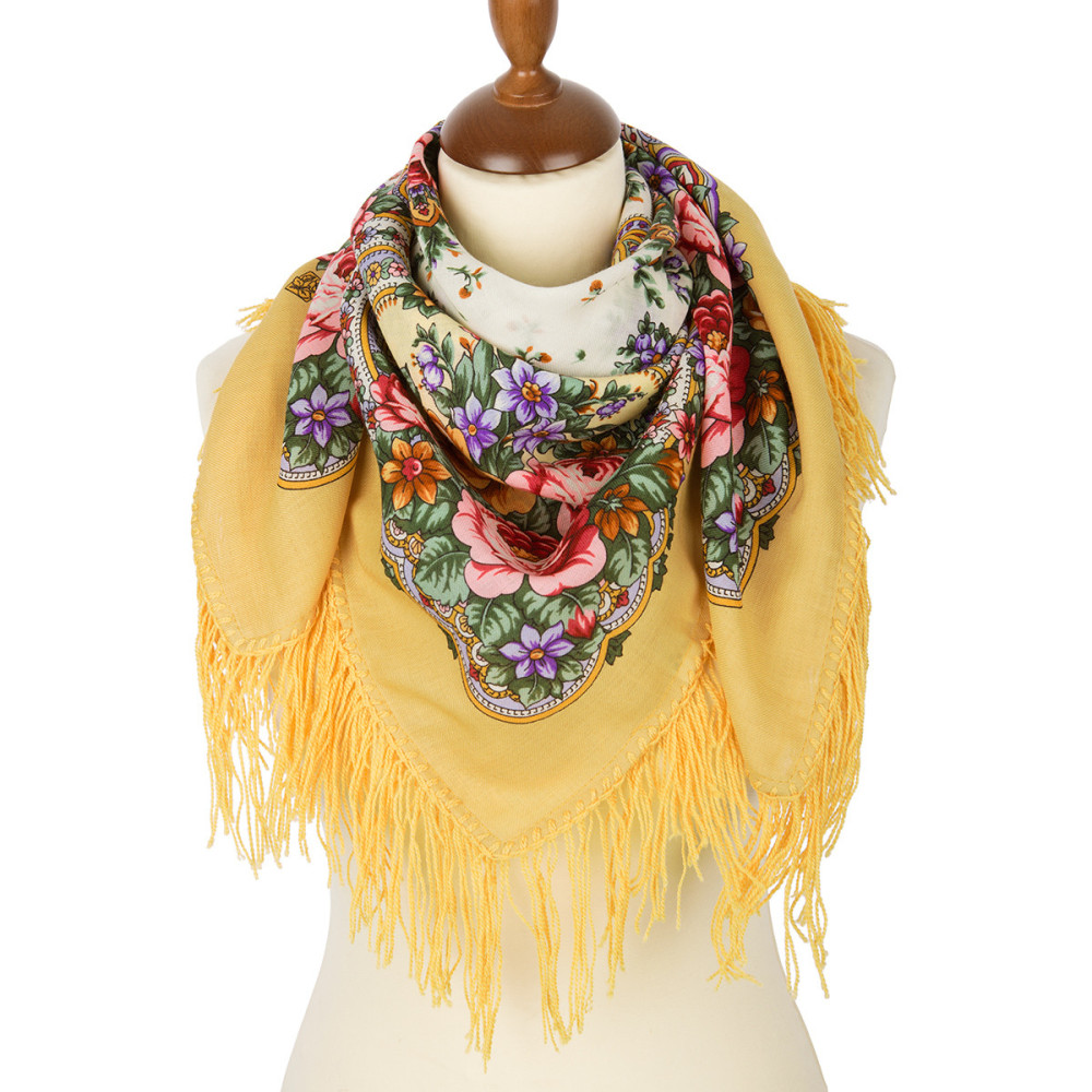Shop Woolen Scarves with Woolen Fringe 89x89 cm 89x89 cm Spring Dawns Woolen Shawl with Woolen Fringe Pavlovo Posad Manufactory online at Skazka.site | Eligible for fast shipping and free returns. 89x89 cm Spring Dawns Woolen Shawl with Woolen Fringe Pavlovo Posad Manufactory