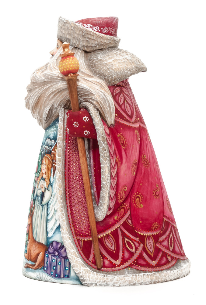 220 mm Santa with a Magic Staff and a Bag with hand painted Angel giving a Gift to the Kids Carved Wood Collectible Figurine (by Sergey Christmas Workshop)