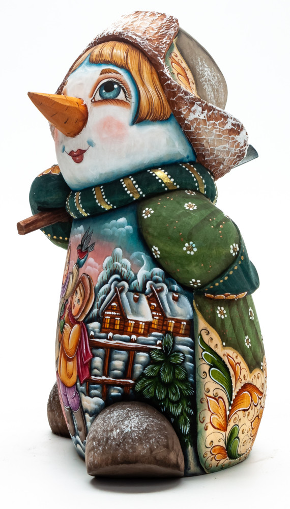 190 mm Snowman with a Shovel and Children feeding Bullfinches wooden figurine (by Natalia Nikitina Workshop)