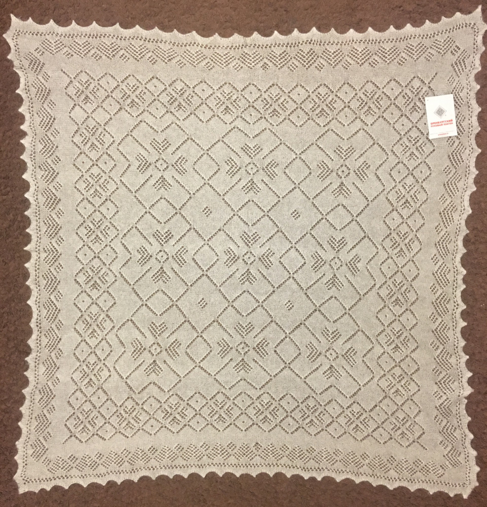 100x100 cm White Goat Down Hand Knitted Russian Orenburg Shawl (by Orenburg Factory)