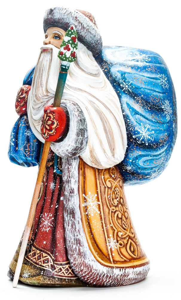 250 mm Santa with a Magic Staff and a Bag Carved Wood Hand Painted Collectible Figurine  (by Natalia Crafts)