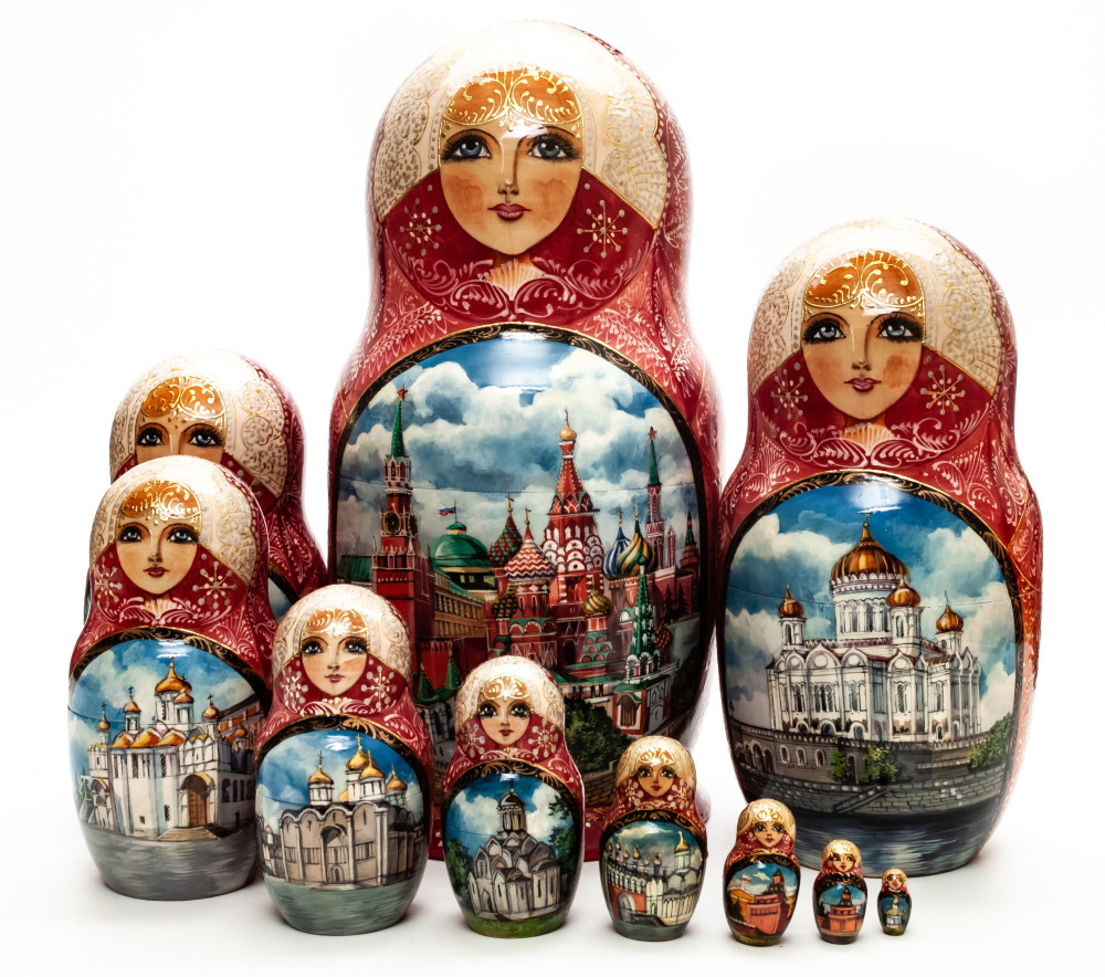290 mm Moscow Saint Basil Cathedral hand painted on Wooden Matryoshka doll 7 pcs (by Trifinov Studio)