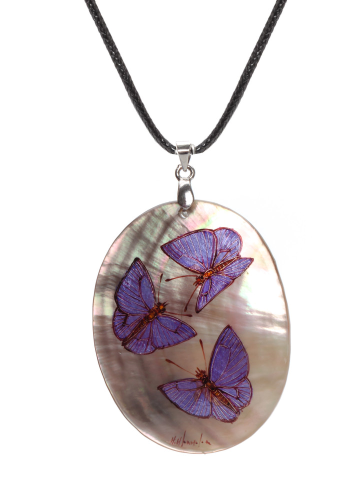 35x50 mm Butterflies hand painted Nacre Pendant (by Tatiana Shkatulka Crafts)