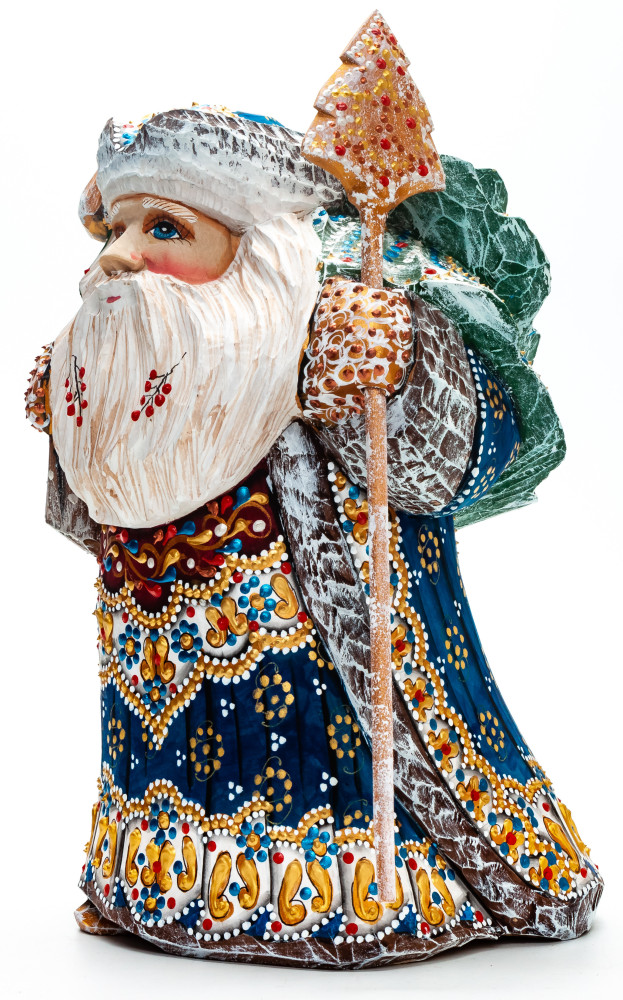 220 mm Santa with a Magic Staff and a Bag Carved Wood Hand Painted Collectible Figurine  (by Natalia Nikitina Workshop)