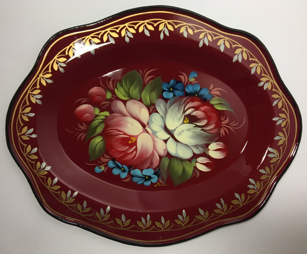 220x180 mm Zhostovo Patterns hand painted and lacquered Metal Forged Tray (by Lada Crafts)