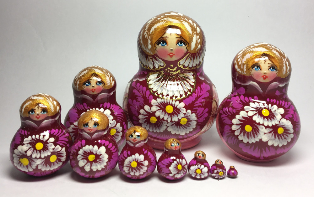 110mm Daisies Hand Painted Wooden Matryoshka doll 10 pcs (by Valentina Dolls)