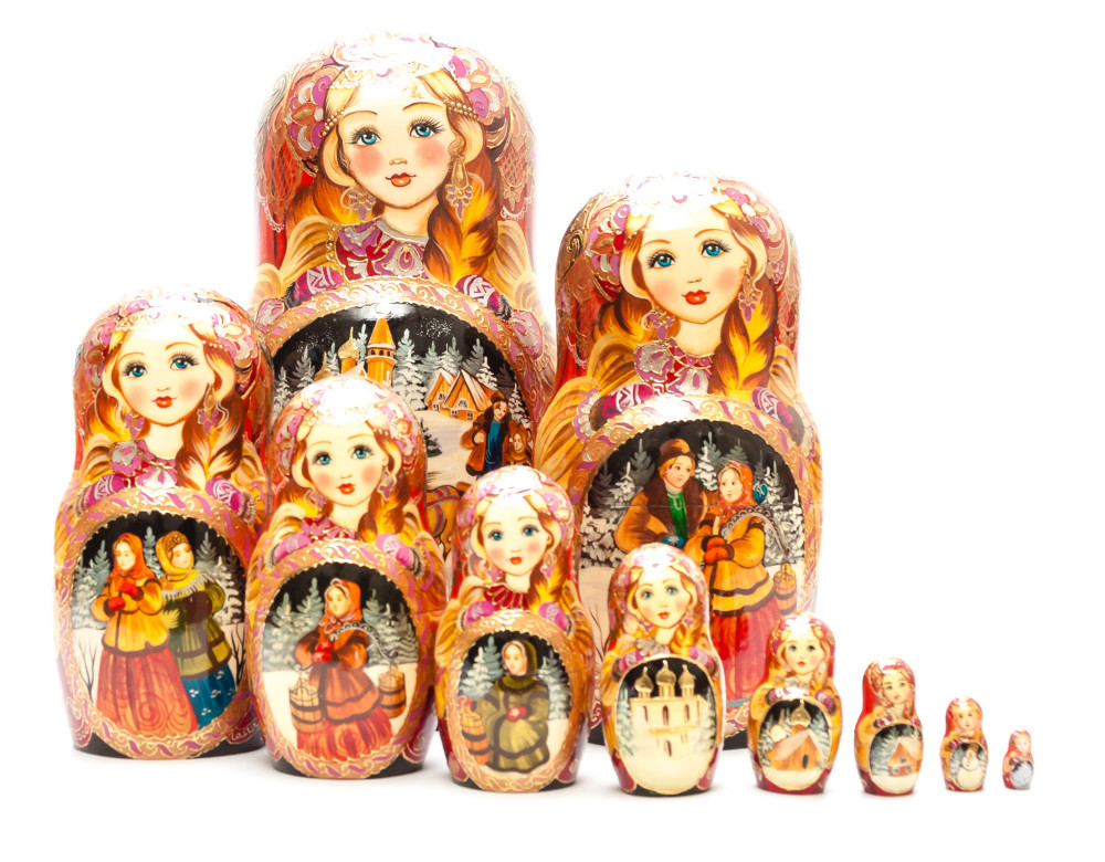 260 mm Russian Winter hand painted on Wooden Matryoshka doll 10 pcs (by Valeria Crafts)