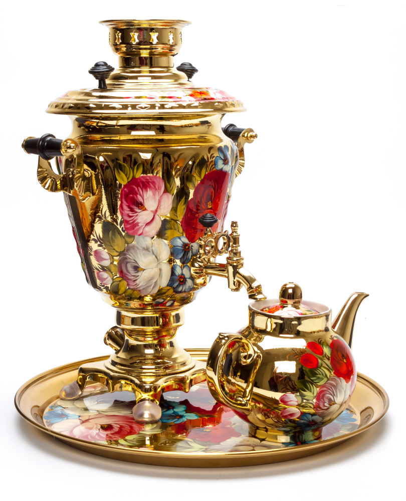 Zhostovo Flowers Electric Gold Samovar Kettle with 4 hand painted Brass Tea Glass Holders, Ceramic Teapot and metal Tray