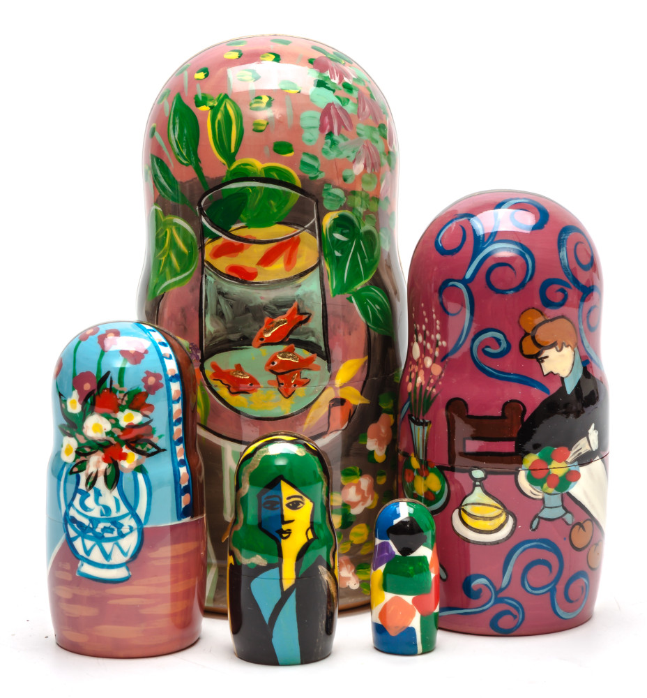 160 mm Goldfish by Matisse hand painted on wooden Matryoshka doll 5 pcs (by Alexander Famous Paintings Studio)