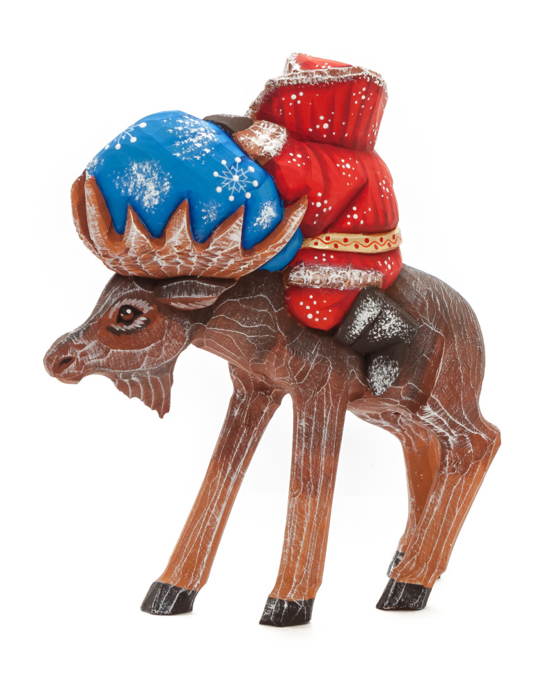 170 mm Santa with a Bag riding the Moose Carved Wood Hand Painted Collectible Figurine (by Sergey Christmas Workshop)