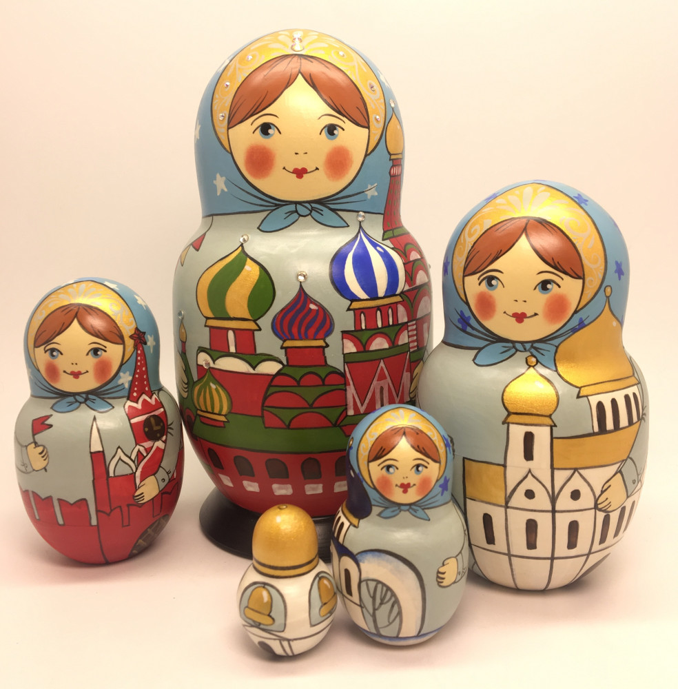 170 mm Mpscow Kremlin Winter Holidays hand painted wooden Matryoshka doll 5 pcs (by Malutin Studio)