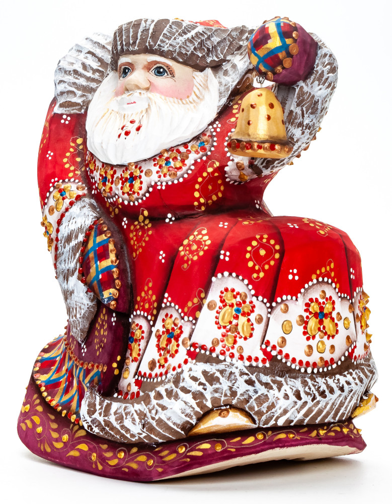 170 mm Santa with a Bell Carved Wood Hand Painted Collectible Figurine  (by Natalia Nikitina Workshop)