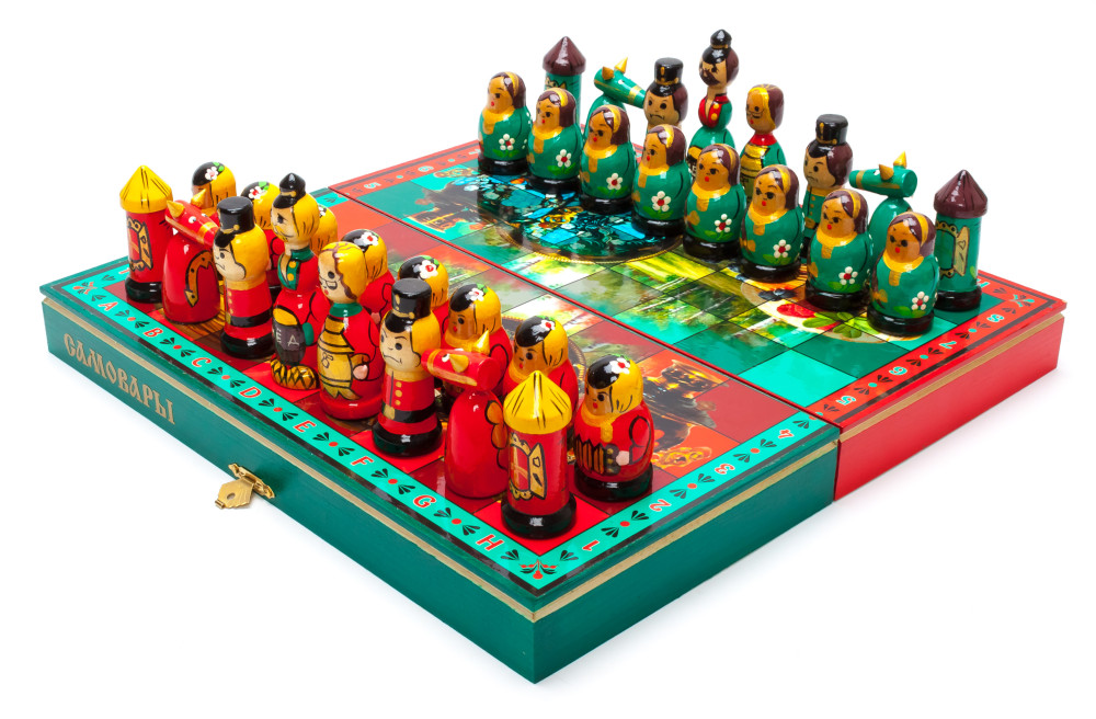 Wooden Chess Board with Russian Samovars Hand Painted Chess Pieces