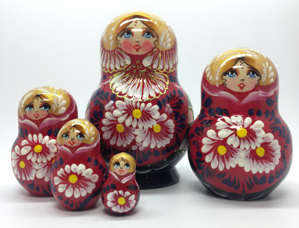 110 mm Daisies on red background handpainted wooden Russian Matryoshka doll 5 pcs round shape